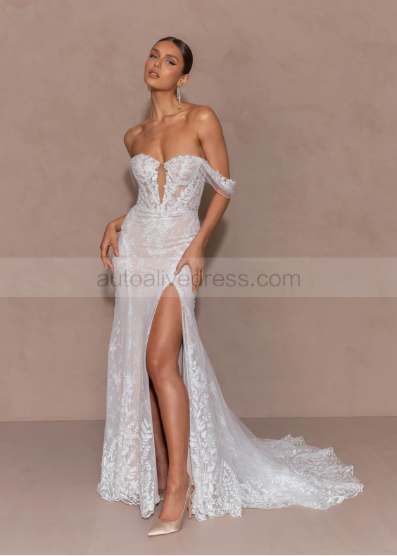 Ivory Lace Tulle Slit Fashionable Wedding Dress With Detachable Straps